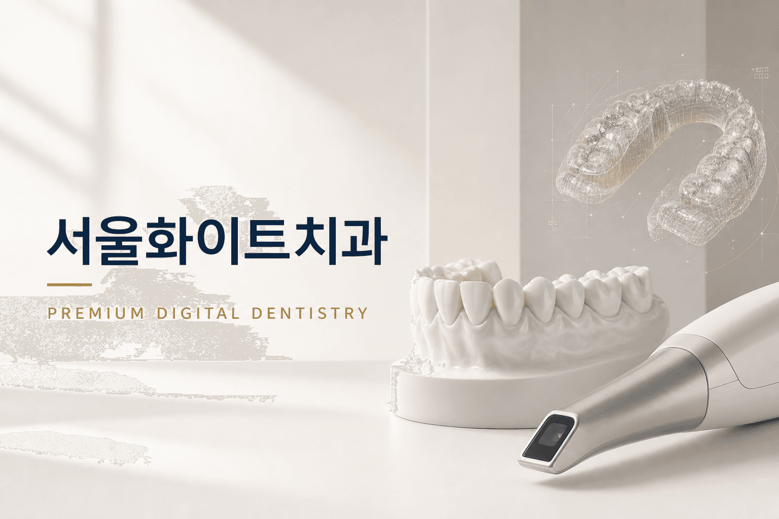 세라믹 치아 모형과 구강 스캐너를 표현한 디지털 덴티스트리 이미지